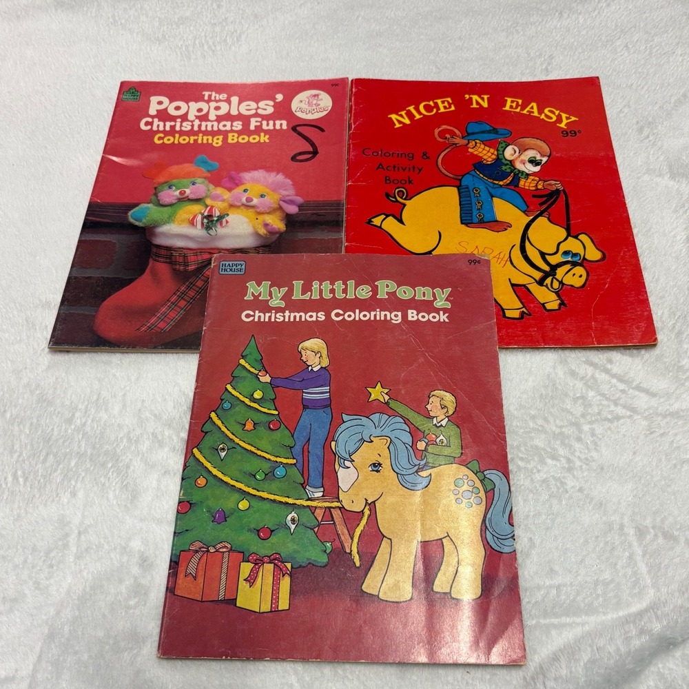 Vintage 1980s Christmas Coloring Books My Little Pony Popples Cowboy Monkey Pig